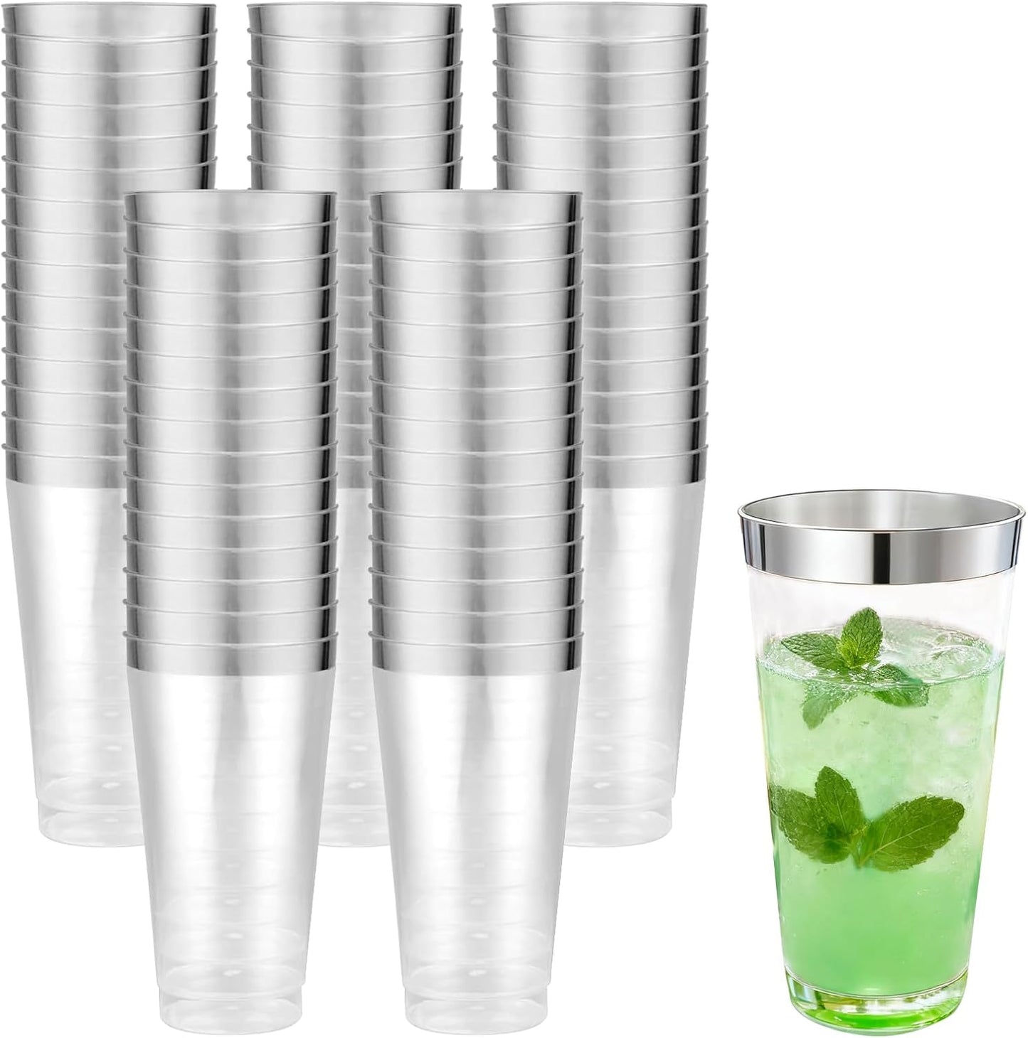 100 Pcs Silver Plastic Tumblers - 16 oz Clear and Silver Rim Plastic Wine Cups, Big Size Fancy Disposable Party Cup Beverage Drinking Cup for Party, Wedding, Halloween, Thanksgiving & Christmas