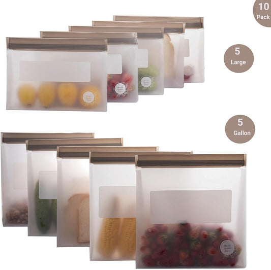 Reusable Food Storage Bags – 10-Pack Stand-Up, BPA-Free, Freezer, Dishwasher Safe & Eco-Friendly – 5 Gl, 5 L Bags – Airtight Leakproof Ziplock Bags for Kitchen Storage (Grey)
