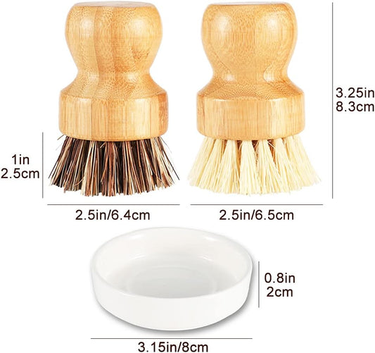 Bamboo Brush Dish Scrubber Clean Pan and Vegetable, Natural Bristles Palm Pot Brush 2 Pack Round Mini Dish Brush with 2 Ceramic Dish for Kitchen Sink Cleaning