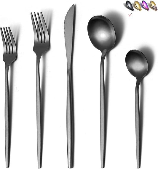 Matte Black Silverware Set 20 Pieces, Stainless Steel Flatware Set, Titanium Plating Cutlery Set, Matte Black Utensil Sets, Service Set for 4 (Matte Black)
