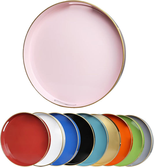 Pink Round Decorative Tray with Handles, 13" Elegant Coffee Table Serving Tray for Ottoman Living Room, Bathroom, Outdoors, Breakfast