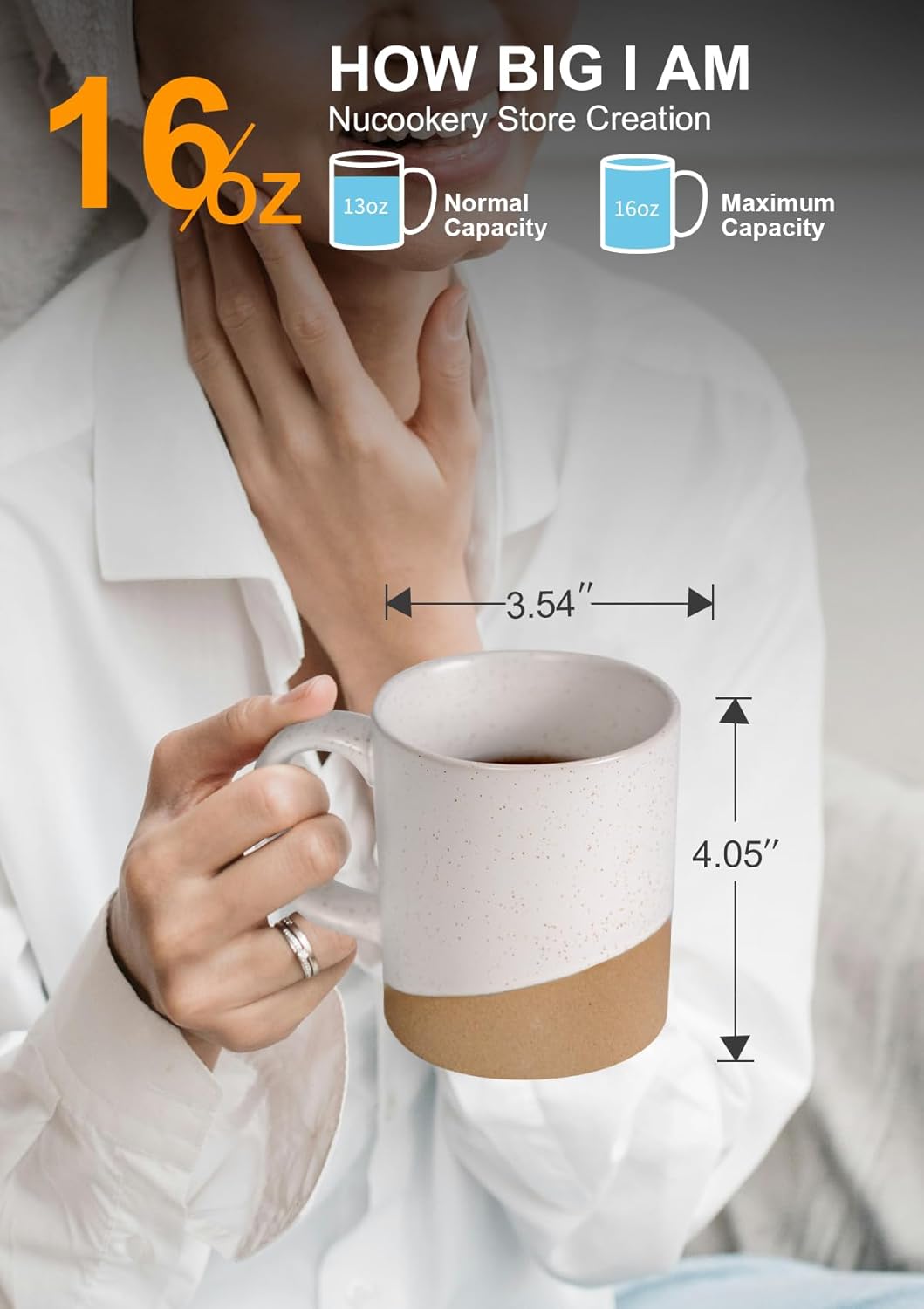 Nucookery 16 oz Large Ceramic Coffee Mugs - Coffee Mugs Set of 2, Modern and Boho Style Coffee Cups for Latte, Cappuccino, Hot Tea, Dishwasher & Microwave Safe, White