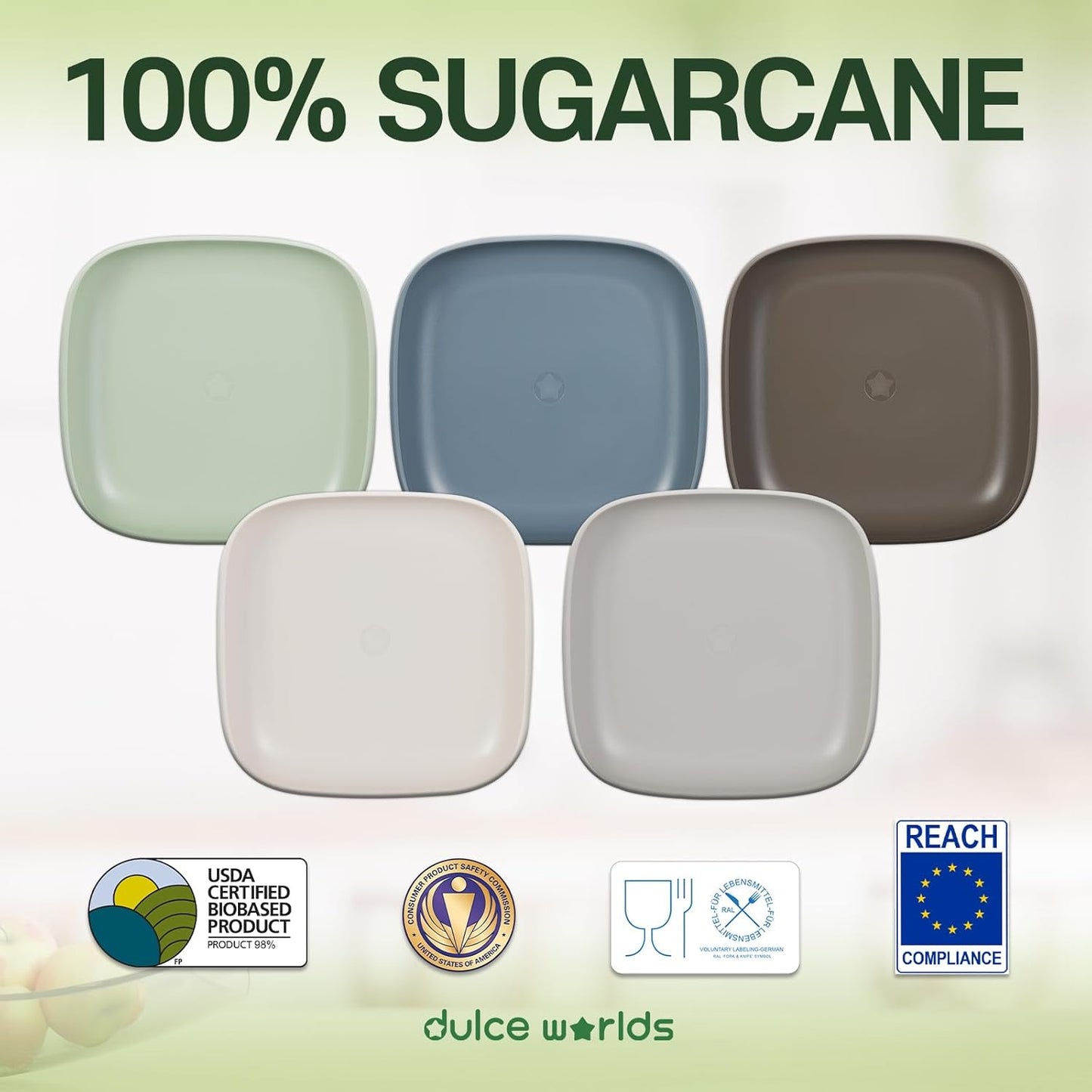 SUGARCANE Kids Plates 5Pack (7.9”) + Coconut Pad 2Pc- Organic Dishes for Toddler to Big Kids - USDA Certified – Microwaves & Dishwasher Safe – BPA Free, Unbreakable, Reusable - Gray Blue