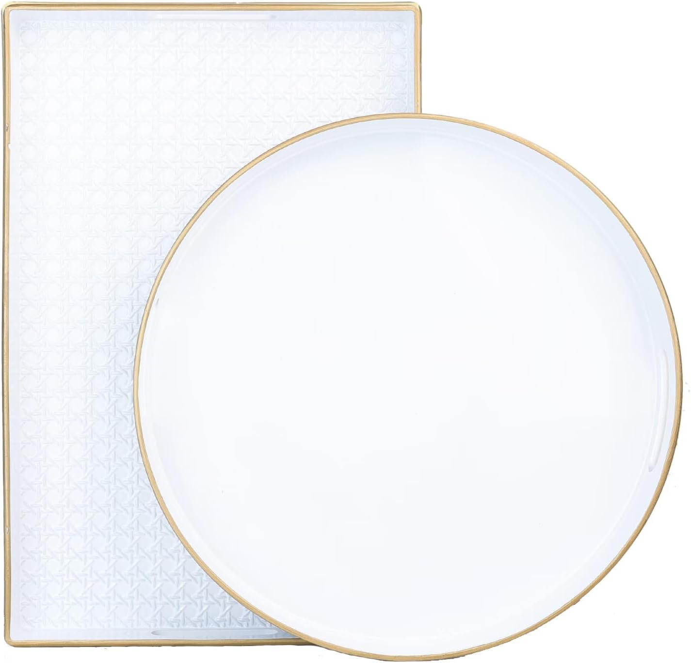 White Round Decorative Tray with Handles, 13" Elegant Coffee Table Serving Tray for Ottoman Living Room, Bathroom, Outdoors, Breakfast