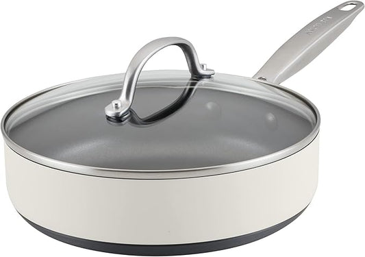 Anolon Achieve Hard Anodized Nonstick Sauté Pan with Lid, 3 Quart - Cream
