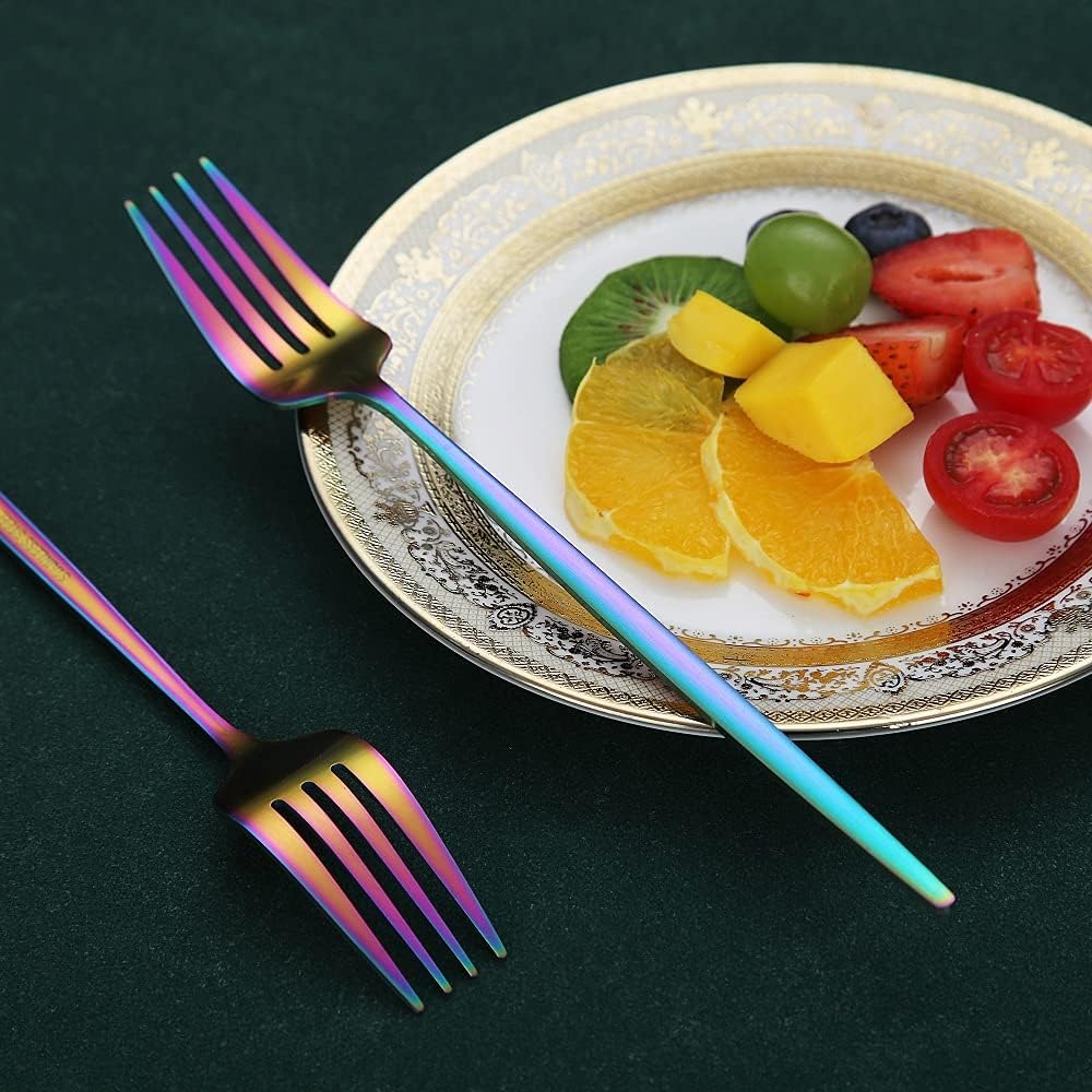 Matt Rainbow 6 Piece Stainless Steel 8.4'' Dinner Forks - Silverware Set, Dessert, Table, Salad Forks - Dishwasher Safe