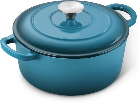 E-far 3 Qt Enameled Cast Iron Dutch Oven with Lid, Small Round Nonstick Dutch Oven Pot for Bread Baking Braising Stews Roasting Cooking, Heavy Duty, Induction & Oven Safe - Teal Mist