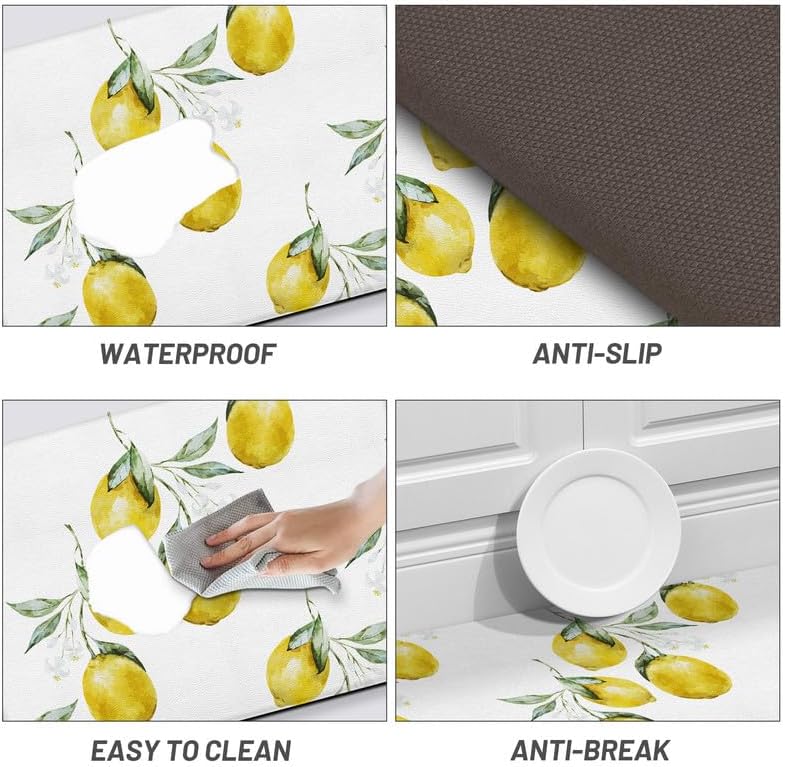 Lemon Kitchen Mats for Floor - Anti Fatigue Mats for Kitchen Floor, Cushioned Non-Skid Washable Memory Foam Rug for Office, Sink, Laundry (17.3"×29"×0.47") Lemon