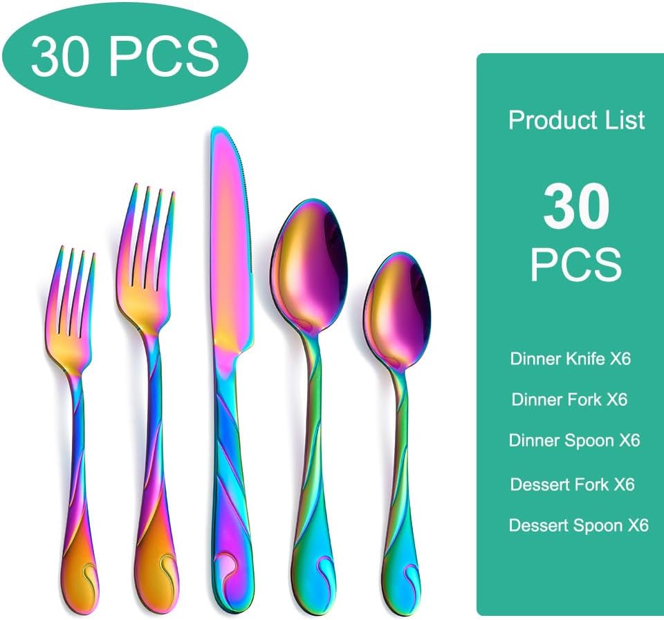 Rainbow Silverware Set for 6, 30-Piece Stainless Steel Flatware Set, Shiny Rainbow Metal Cutlery Set, Include Fork, Knife and Spoon Set, Dishwasher Safe
