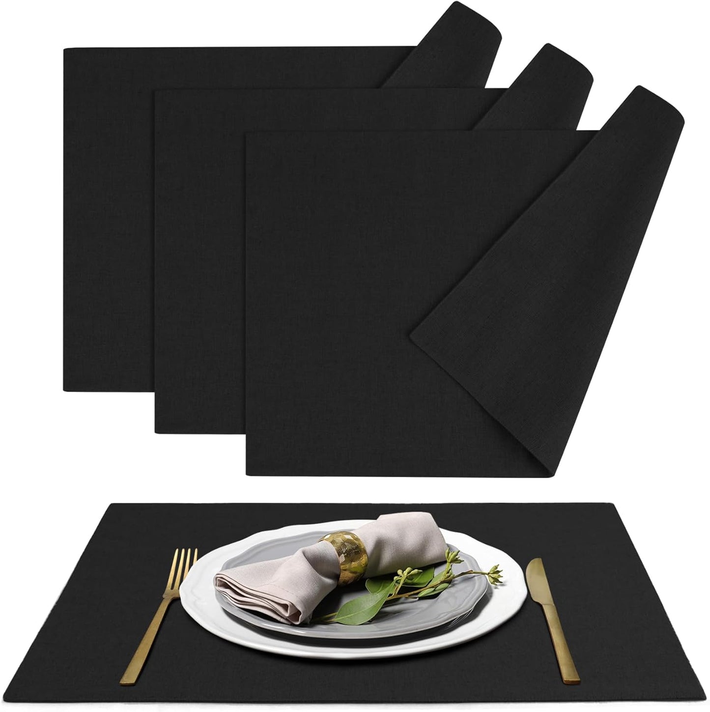 MANSPHIL Black Cloth Placemats Set of 4 Washable Thick Faux Linen Table Place Mats Heat Resistant Double Layer Fabric Wrinkle Free Dining Kitchen Table Decor - 13x19 Inch Oeko Tex Placemat