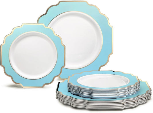 " OCCASIONS " 80 Plates Pack,(40 Guests) Heavyweight Wedding Party Disposable Plastic Plates -40 x 10.5'' Dinner + 40 x 8'' Salad/Dessert Plate (Imperial Aqua/Gold))