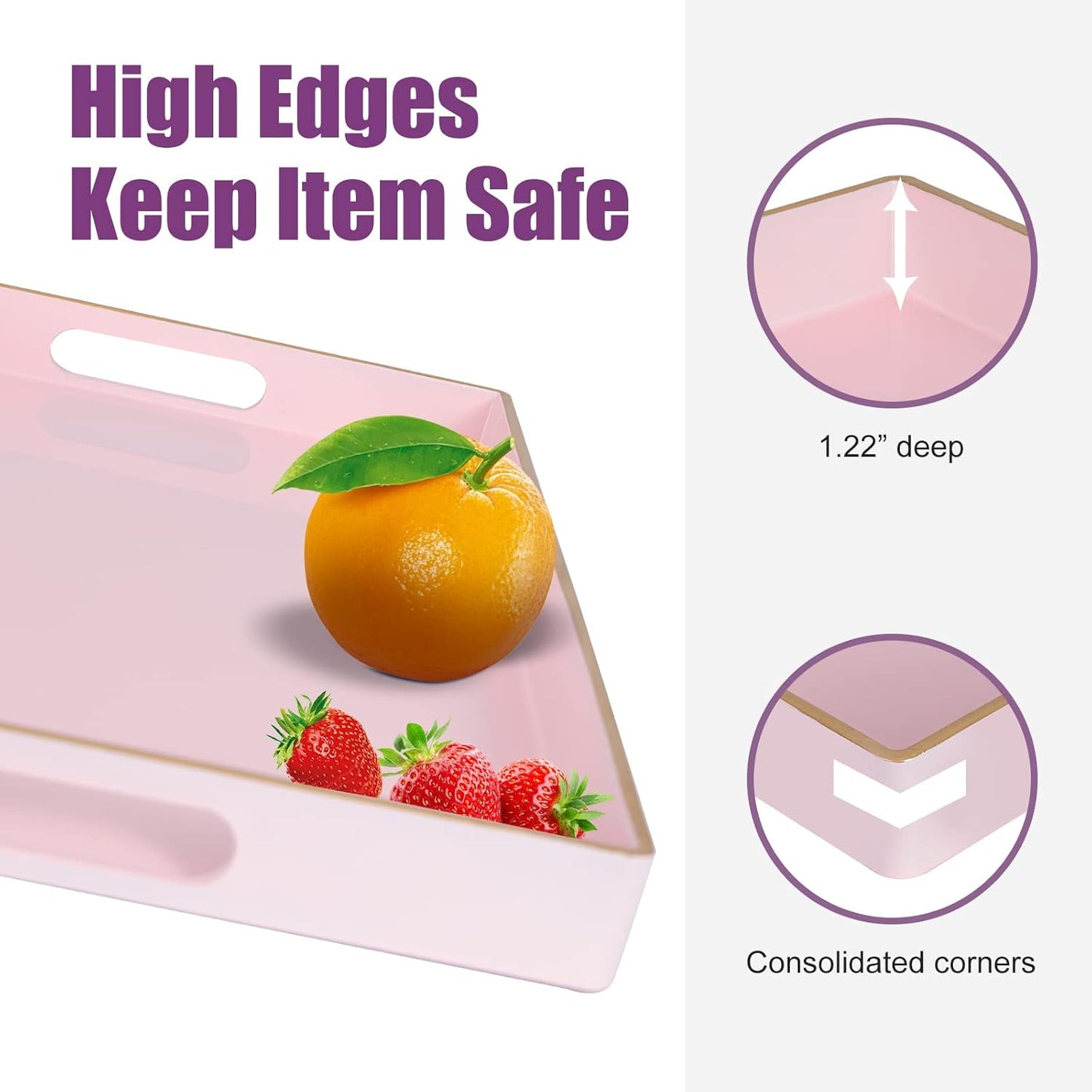 Gifturbo Pink Serving Trays,Decorative Serving Tray with Handles, Coffee Table Rectangular Trays Plastic Tray for Ottoman Bathroom,Living Room, 15.7” x 10.2” x1.37”