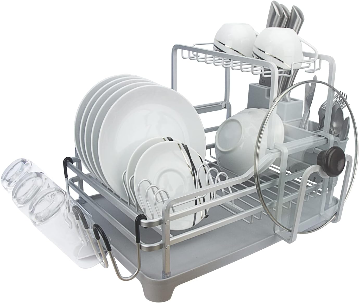 Evelyne GMT-10353-B Aluminum Dish Drying Rack with Utensil Holder - 2 Tier Kitchen Countertop Rust Proof Dish Rack Lid Hanger and Drainboard Set - Large Dish Organizer Rack