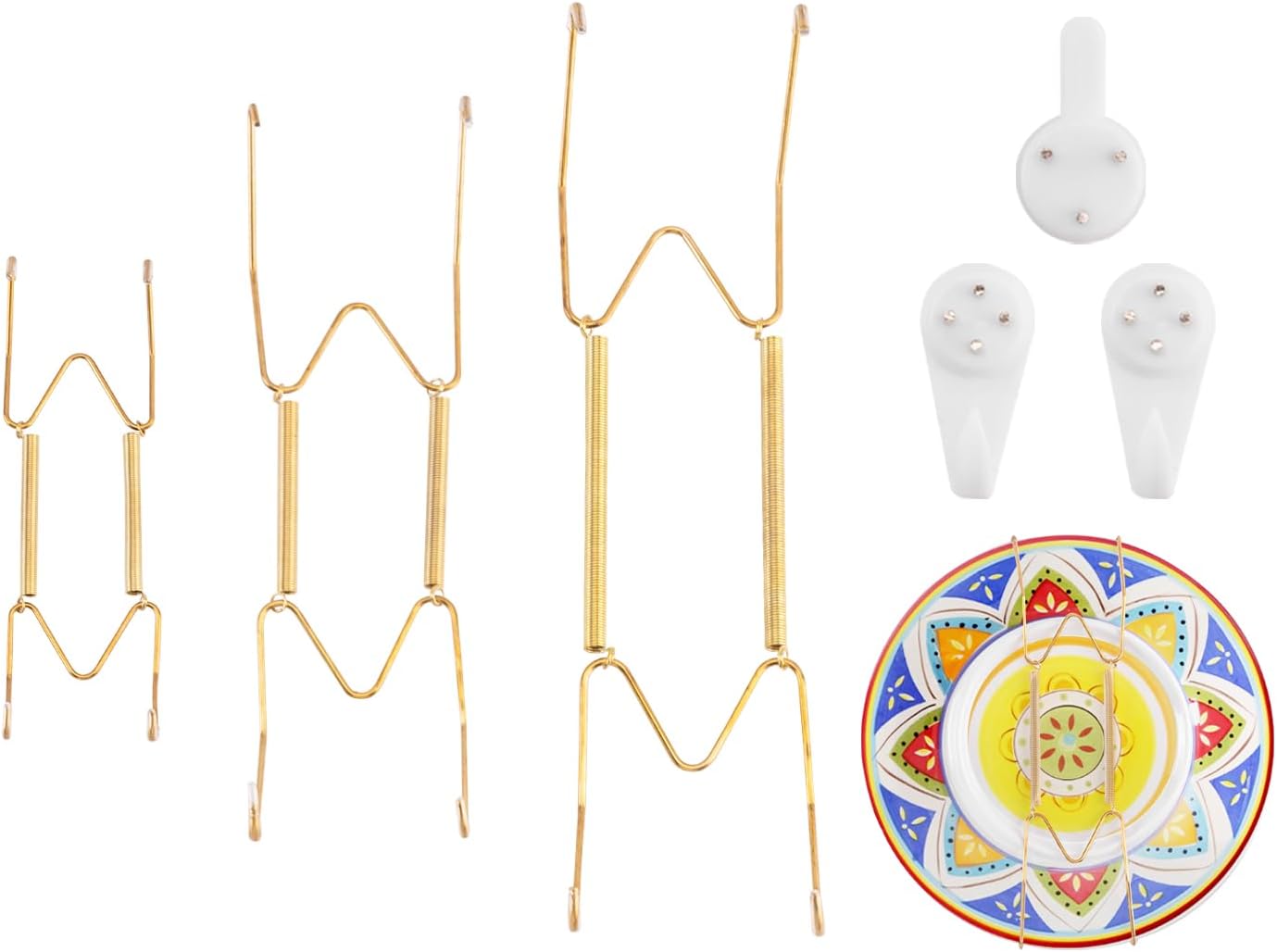 3 Pack 6/8/10 Inch Plate Wall Hangers for Display, Stainless Steel Hangers for Display with 1 Small Hook & 2 Medium Hooks for Plates/Platter/Dish/Picture（6''x1/8''x1/10''x1）