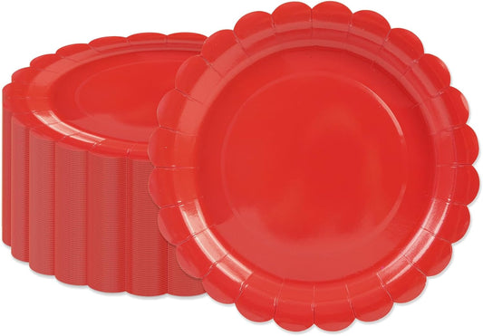50Pcs Red Paper Plates-7 Inch Red Christmas Scalloped Plates Disposable Dessert Birthday Dinnerware Party Supplies for Wedding Baby Shower Birthday Party Table Decor