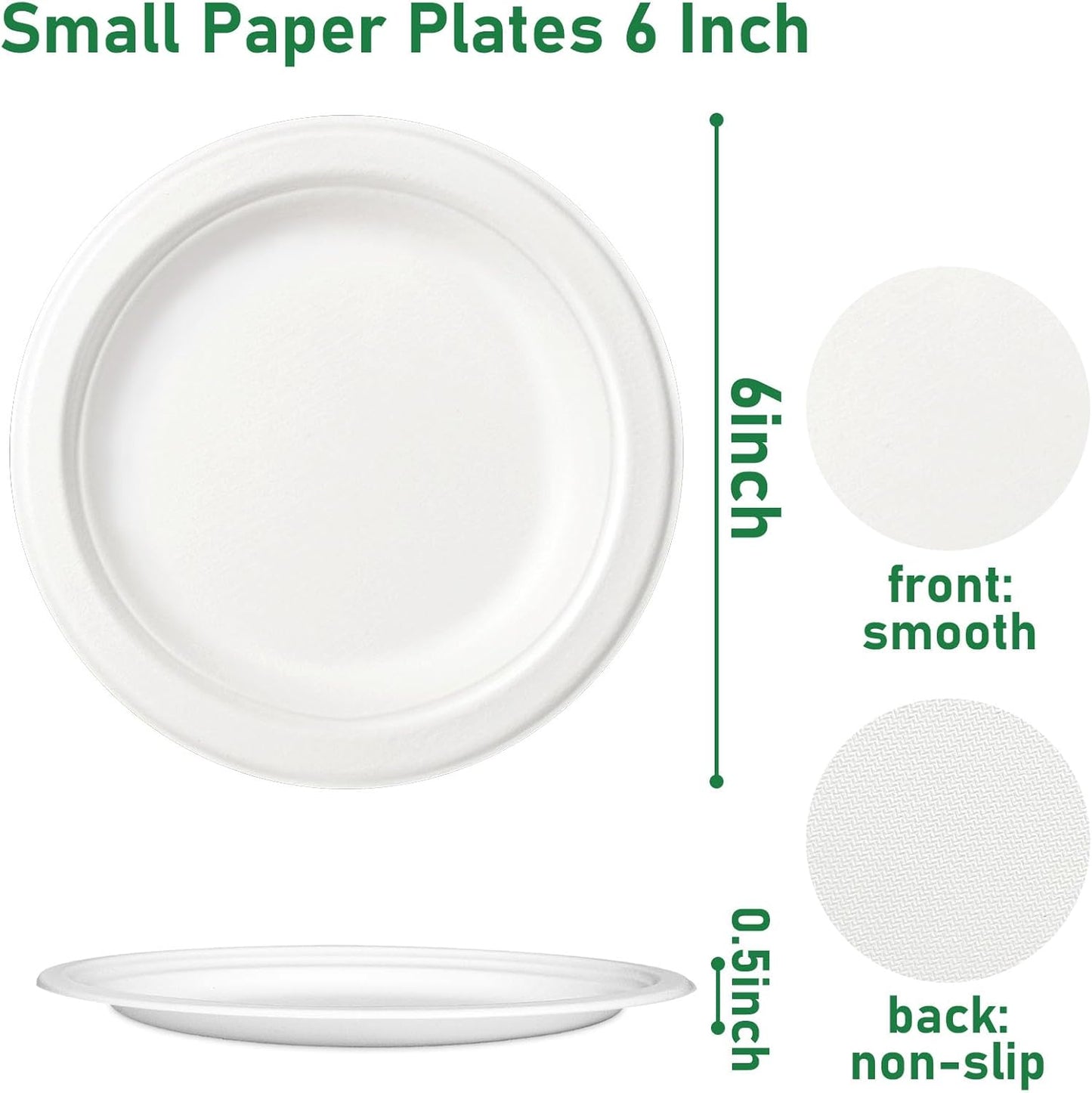 6 Inch Small Paper Plates, Eco Friendly Disposable Dessert Plates For Cake, Appetizer, White Compostable Plates, 125 Pack