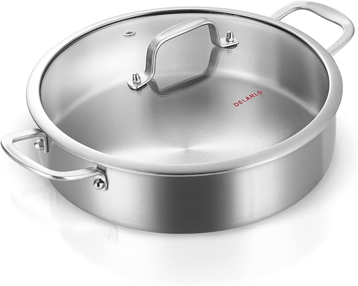 DELARLO Stainless Steel Pans,6QT Saute Pan,12 inch Everyday Pan with Lid,Dishwasher-Friendly Braiser,Stay-Cool Handles,Oven-Safe Up to 660℉