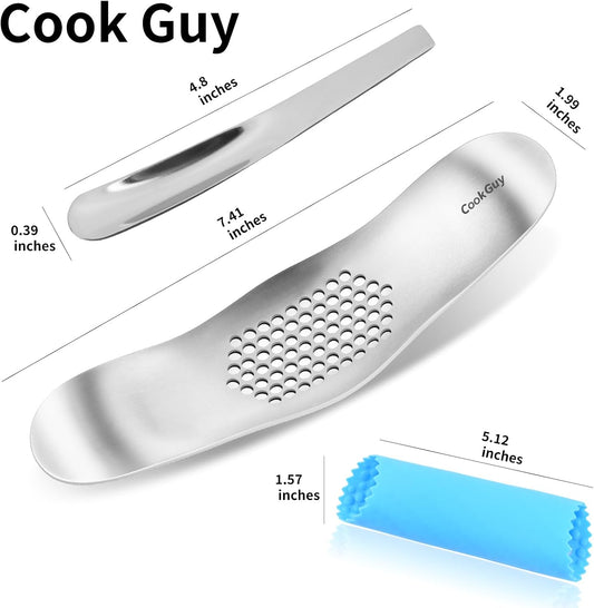 Cook Guy 304 Stainless Steel Garlic Press Rocker Set - Premium All-Steel Garlic Mincer, Crusher, Peeler, and Scraper Tool for Effortless Mincing –Dual-Handle Garlic Grinder(B0201)