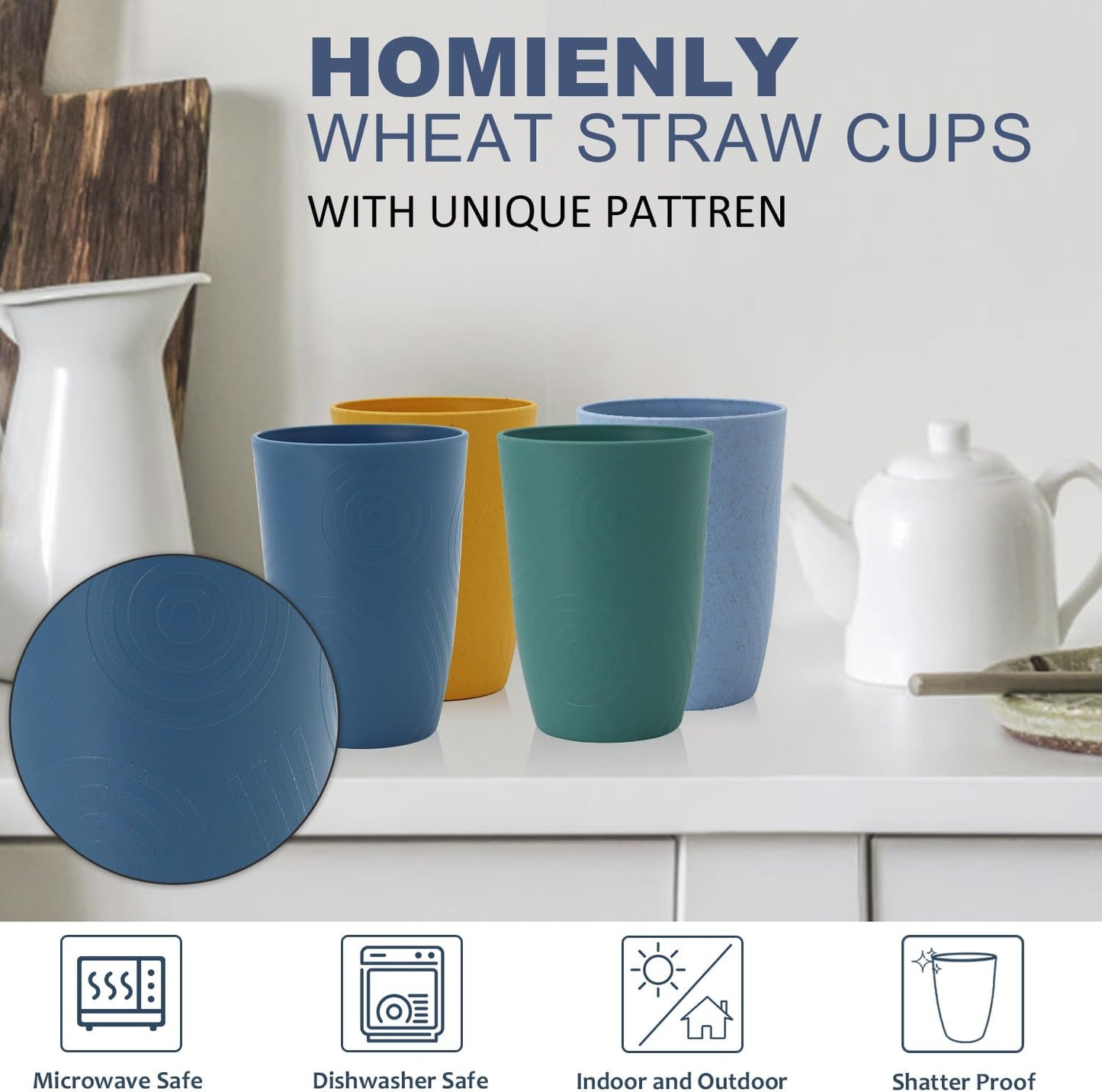 Wheat Straw Cups 6 PCS Plastic Cups Reusable Unbreakable Drinking Cup Dishwasher Safe Water Glasses with Unique Pattern (16 OZ)