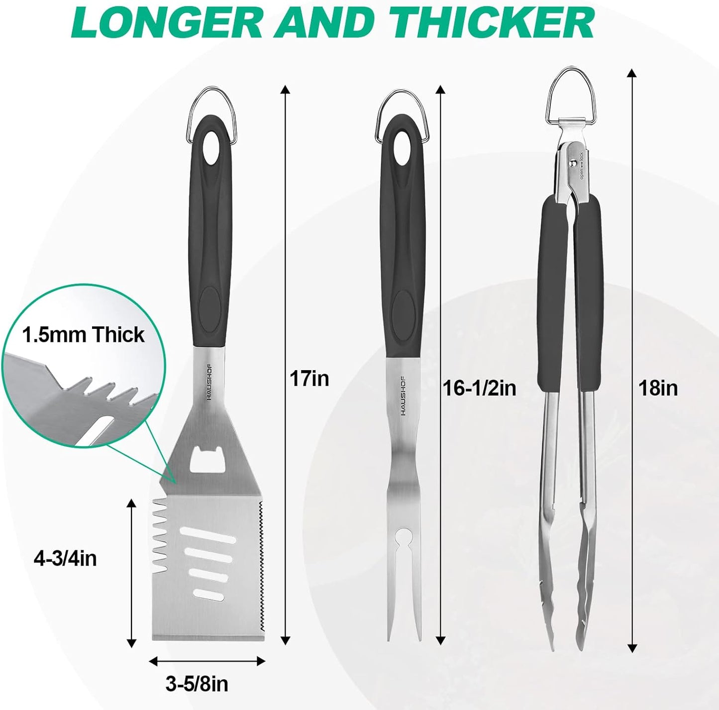 HAUSHOF Large Grill Accessories Heavy Duty BBQ Set Gifts for Men/Women - Premium Stainless Steel Spatula, Fork & Tongs, Barbecue Utensils Tool Kit Gift for Grilling Lover Outdoor (Color Box)