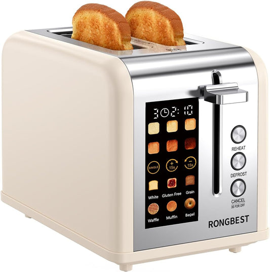 2 Slice Touch Screen Toaster, Stainless Steel Toaster with Wide Slots for Bagels and Bread, Reheat/Defrost/Cancel Functions, Removable Crumb Tray, Cream Color