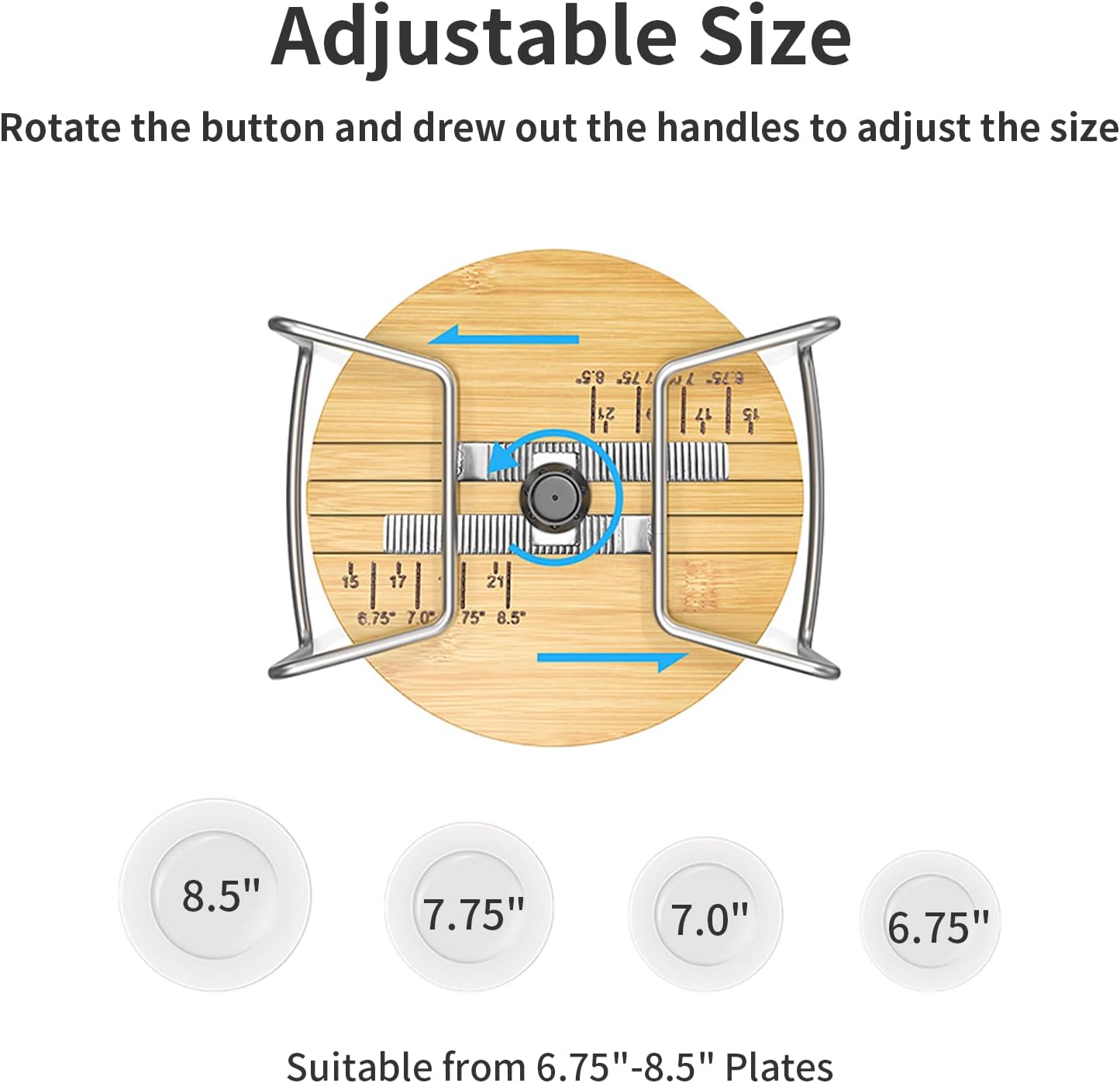 Wisuce Dish Racks for Kitchen Countertop Organizer - Bamboo Plate Holder Adjustable Size | Stainless Steel 304 Portable Handle for Kitchen Drawer Countertop Cupboard Shelf
