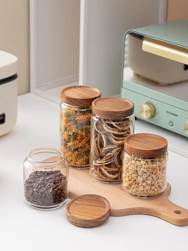 Kanwone Airtight Food Storage Containers with Bamboo lids set of 5, Stackable Food Storage Containers, Glass Canisters for Pantry, kitchen, Flour, Sugar, Tea, Coffee, Pasta, Cookies, Rice and Spice