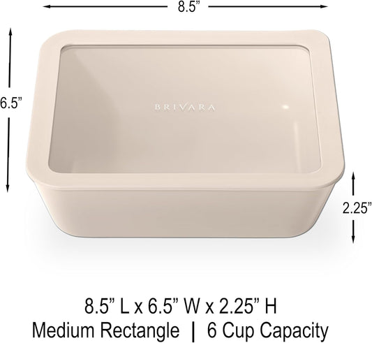 Ceramic Coated Glass Food Storage Container | No PTFE, PFOA, PFAS, and BPA | Reusable Non Toxic Meal Prep Container with Glass Lid | Easy To Store | 6 Cup Rectangle [Crema]