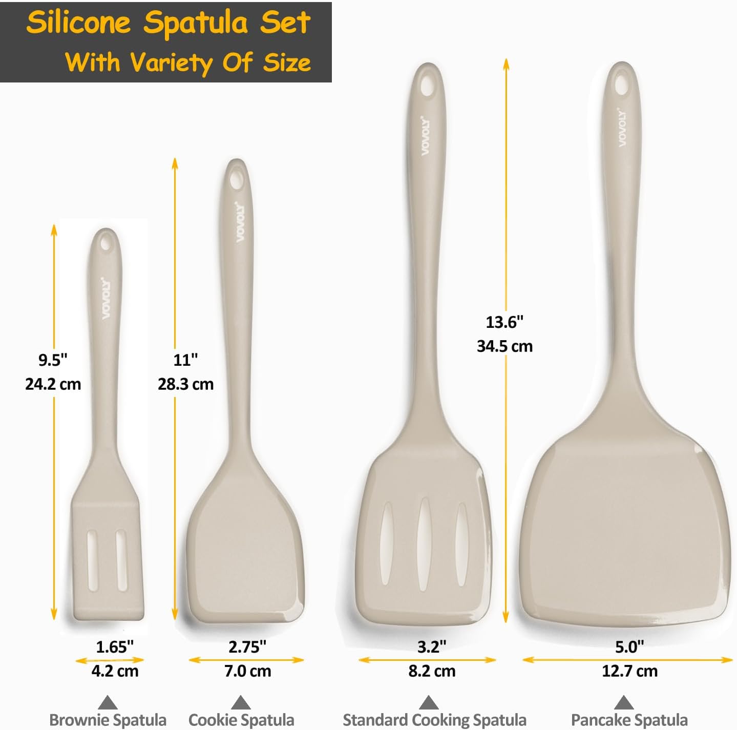 Silicone Spatula Set, 600°F Heat Resistant Silicone Spatula Turner Flipper for Cooking, Non Stick and Non Scratch Kitchen Utensils for Eggs & Pancakes, 4 Pack,Khaki