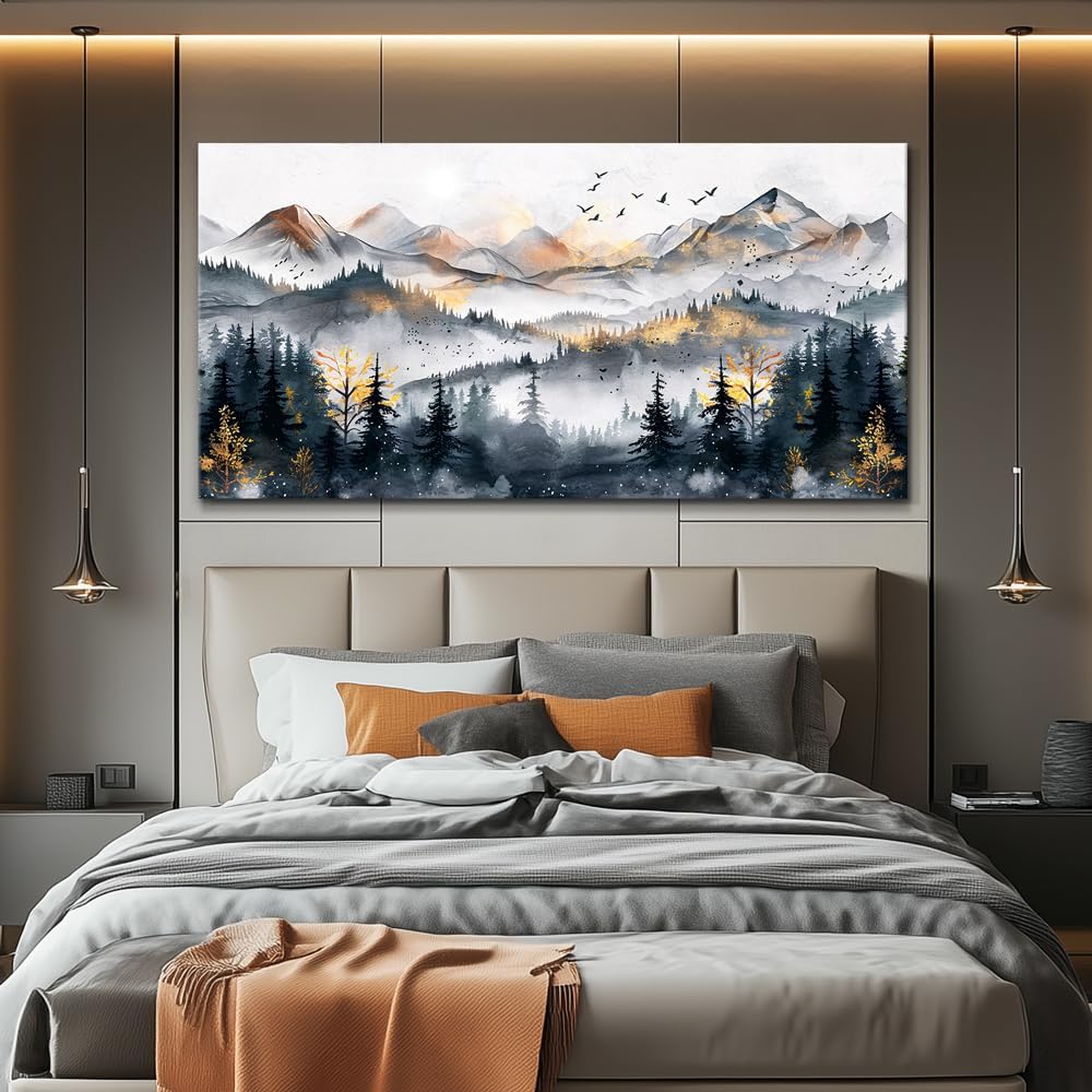 KELIYUAN Large Wall Decor For Bedroom Abstract Wall Art For Living Room Office Decoration Ink Mountain Landscapes Painting Misty Forest Wall Pictures Canvas Artwork Ready To Hang Home Decor 30"x60"