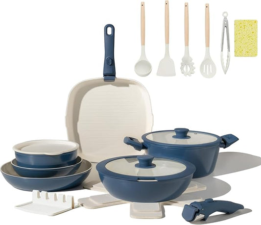 23pcs Ceramic Pots and Pans Set, Nonstick Detachable Handle Cookware, Induction Kitchen Cooking Set with Removable Handle,include Frying Pans & Saucepans Oven Safe(Blue)