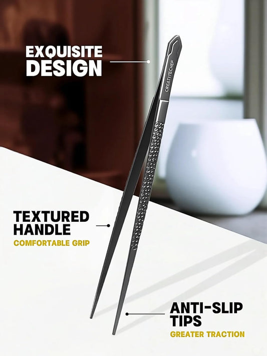 CREATIVECHEF 10" Chef Tweezer Tongs, Professional Kitchen Tweezers, 10 inch Straight Precision Tweezer Tongs for Cooking, BBQ, Plating, Stainless Steel, Black (1)