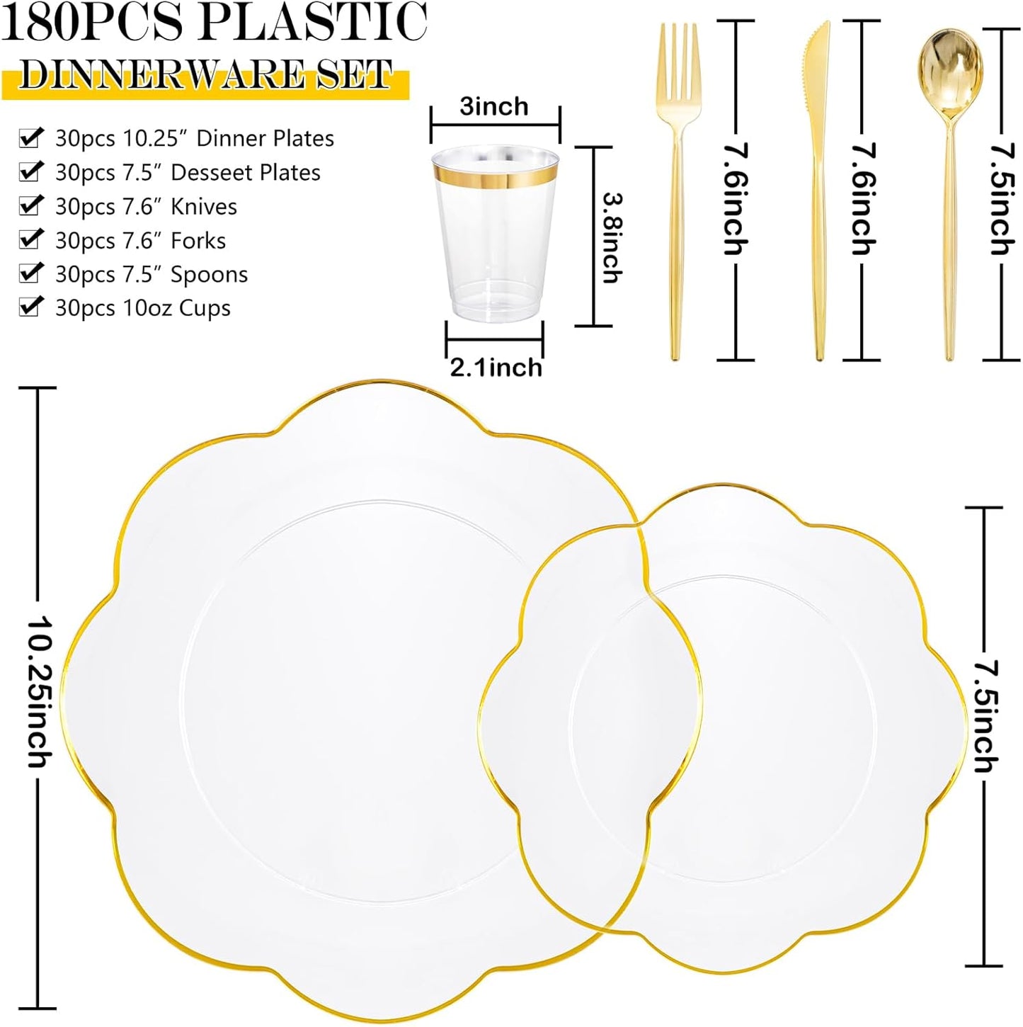 EI 180pcs Clear and Gold Plastic Plates with Gold Plastic Silverware, Plate for Party,Disposable Dinnerware Set,Disposable Plates Heavy Duty Clear Golden Cups for Wedding,Birthday