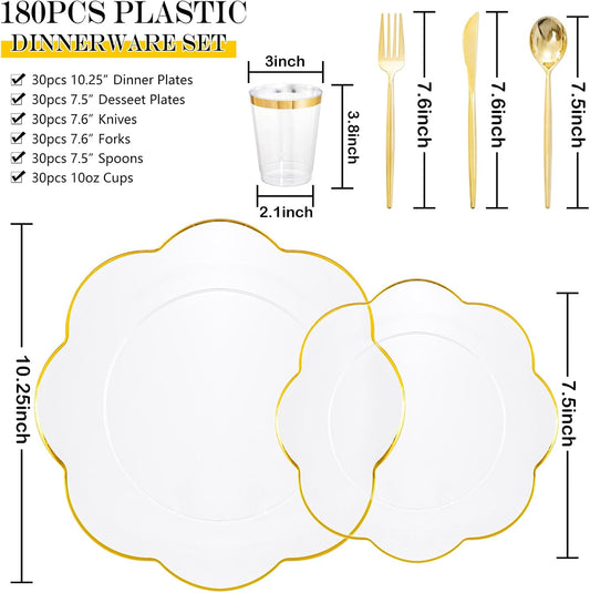 EI 180pcs Clear and Gold Plastic Plates with Gold Plastic Silverware, Plate for Party,Disposable Dinnerware Set,Disposable Plates Heavy Duty Clear Golden Cups for Wedding,Birthday