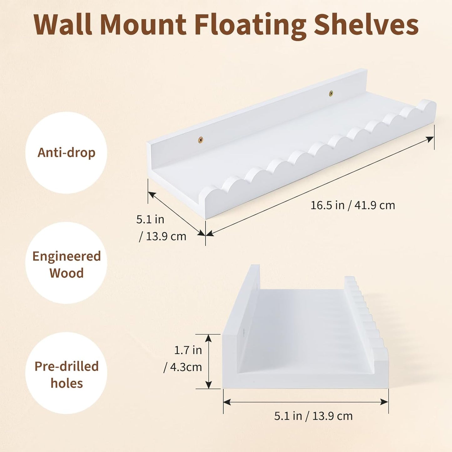 LinTimes Floating Shelves for Wall Set of 4, Wall Mounted Rustic Wood Shelves for Bedroom, Living Room, Kitchen, Hanging Shelf for Books/Storage/Room Decor with 7.94Lbs Capacity, White 16.5*5.1*1.7