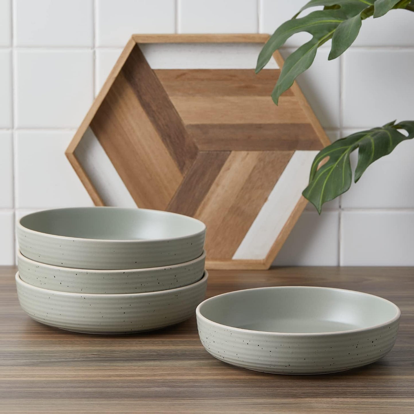 Stone Lain Lauren Stoneware, Rustic Plates and Bowls Set, Dinnerware, Service for 8, Speckled Green, Dishwasher & Microwave Safe, 32-Piece