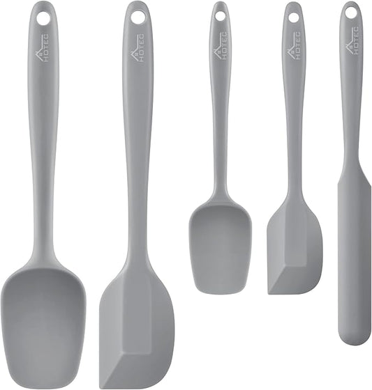 HOTEC 600℉ Heat Resistant BPA-Free Silicone Rubber Spatula Set,Kitchen Cooking Spatulas, Baking, Mixing for Non Stick Cookware, Dishwasher Safe, Set of 5 Grey
