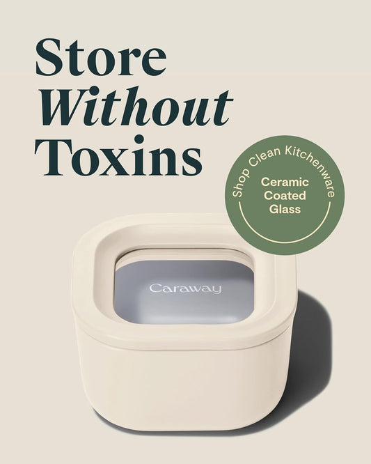 Caraway 6pc Food Storage Container Set - 1.75 Cup Glass Storage Container for Food (6) - Non-Toxic Ceramic-Coated Glass - Air Release Technology - Compact & Stackable Design - Cream