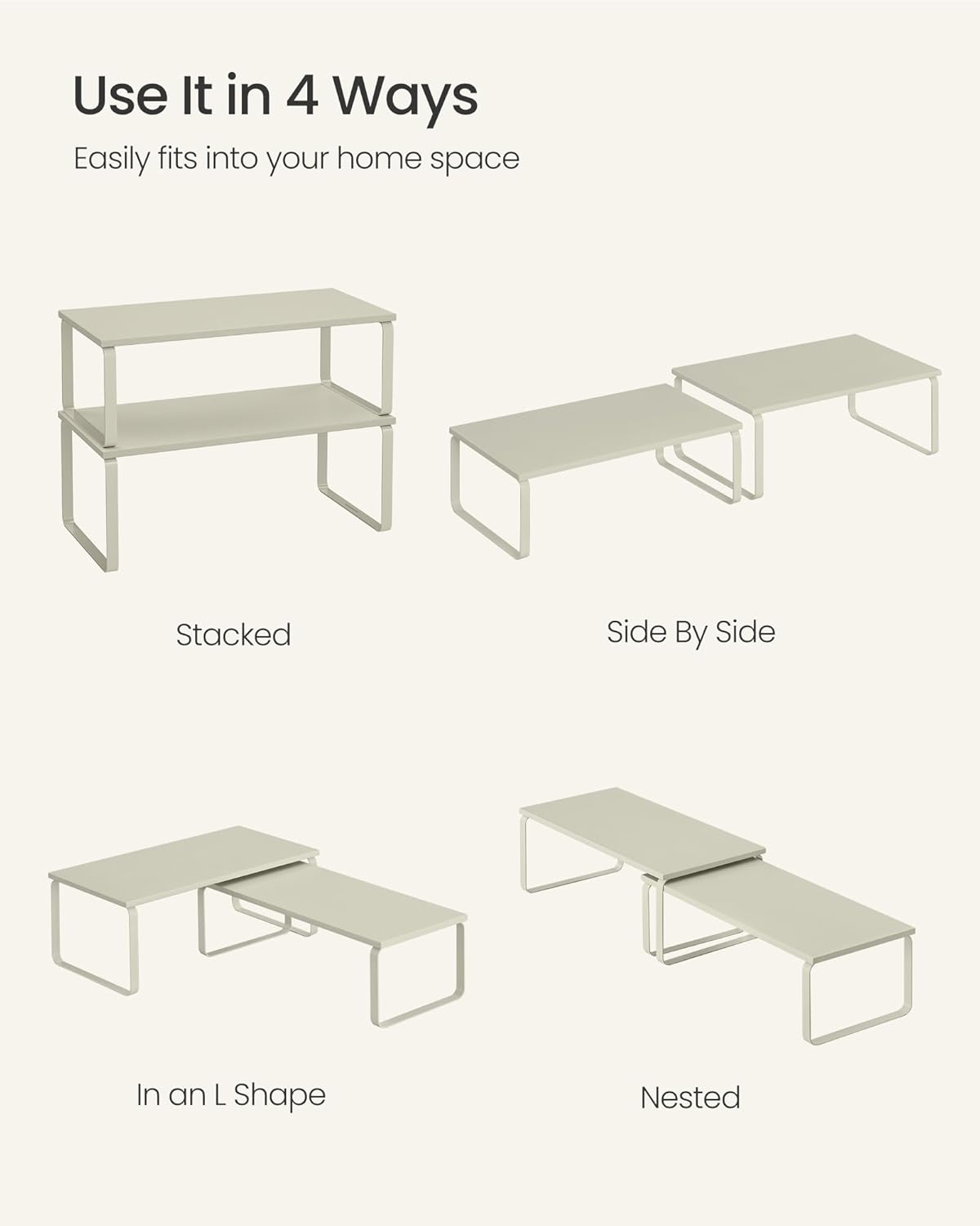 SONGMICS Cabinet Organizer Shelf, Set of 2 Kitchen Counter Shelves, Kitchen Storage, Spice Rack, Stackable, Expandable, Metal and Engineered Wood, Cappuccino Beige UKCS200K01