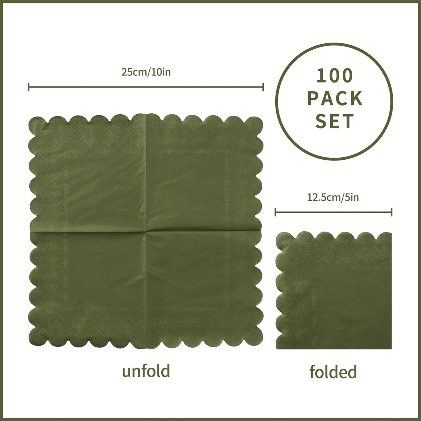 100 Pack Cocktail Napkin 2-Ply Scalloped Edged Dessert Napkins Folded 5 x 5 Inches Disposable Napkins for Dinner Wedding Birthday Party Bridal Anniversary Reception Event (Green)