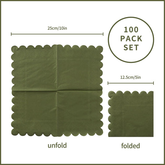 100 Pack Cocktail Napkin 2-Ply Scalloped Edged Dessert Napkins Folded 5 x 5 Inches Disposable Napkins for Dinner Wedding Birthday Party Bridal Anniversary Reception Event (Green)