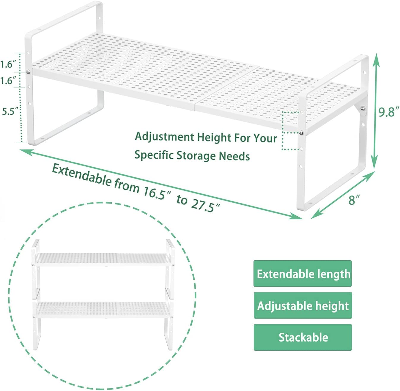 Redrubbit Expandable Cabinet Storage Shelf, Adjustable Height Steel Metal Kitchen Counter Organizers Shelves Spice Rack for Kitchen Pantry Bathroom Cupboard Desk Home Office, White-3 Pack