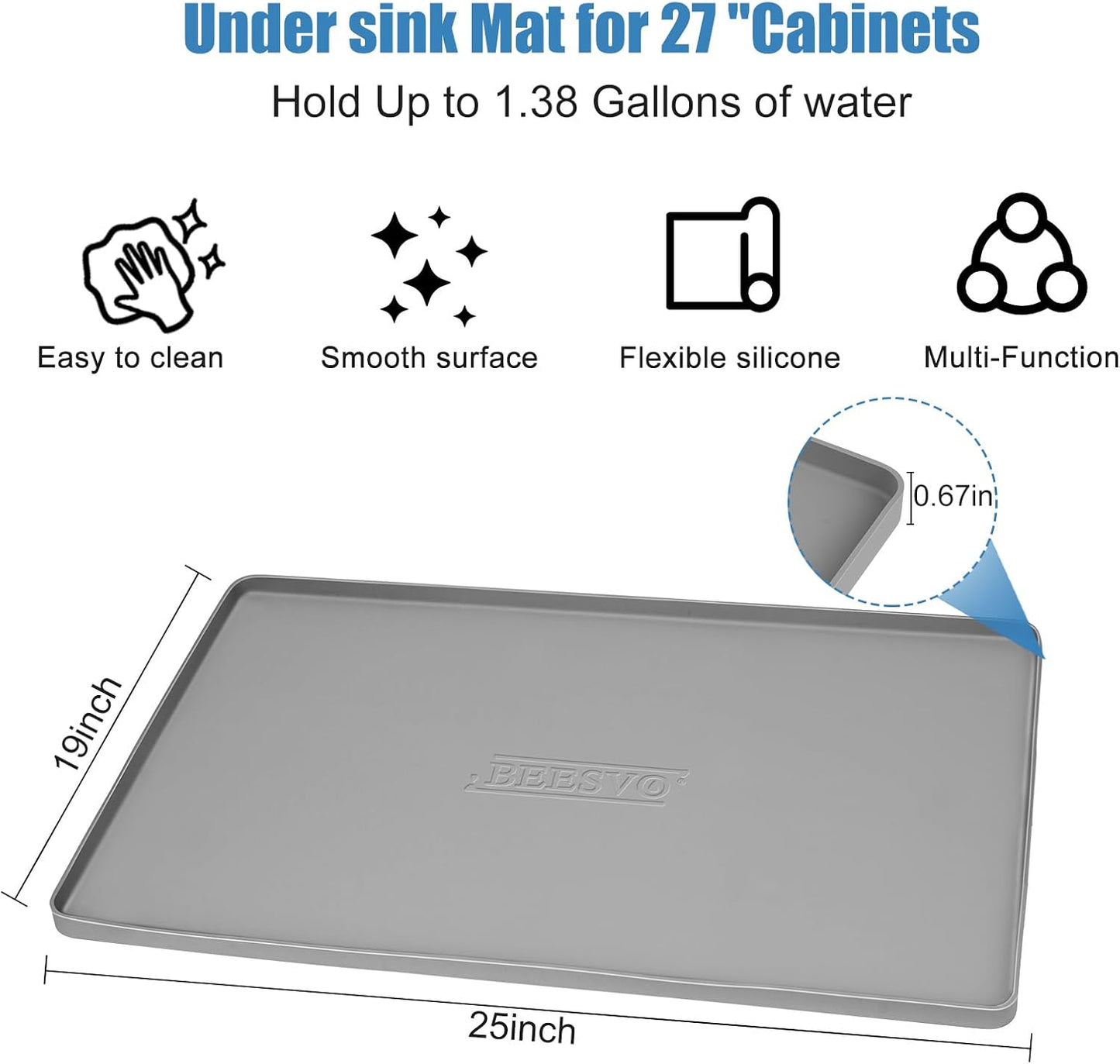 Under Sink Mat for Kitchen Waterproof, 25" x 19" Silicone Under Sink Liner Kitchen & Bathroom Cabinet Protector Mats, Heavy Duty Flexible Under Sink Drip Tray with Lip, Cool Grey