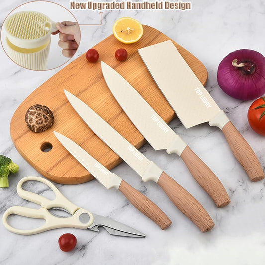 Knife Set, Wiztoynia 6-Piece Beige Kitchen Knife Set for Home, Anti-Rust Non-stick Stainless Steel Sharp Chef Knife Set with Universal Knife Block for Kitchen, Ergonomical Design (Beige)