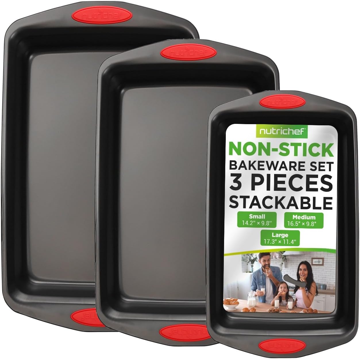 NutriChef 3-Piece Baking Pan Set - Premium Nonstick Carbon Steel Bakeware w/ Silicone Handles - Includes Large, Medium, & Small Pans for Baking & Roasting - PFOA, PFOS, PTFE Free - Black