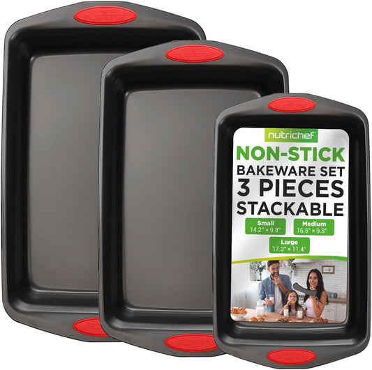 NutriChef 3-Piece Baking Pan Set - Premium Nonstick Carbon Steel Bakeware w/ Silicone Handles - Includes Large, Medium, & Small Pans for Baking & Roasting - PFOA, PFOS, PTFE Free - Black