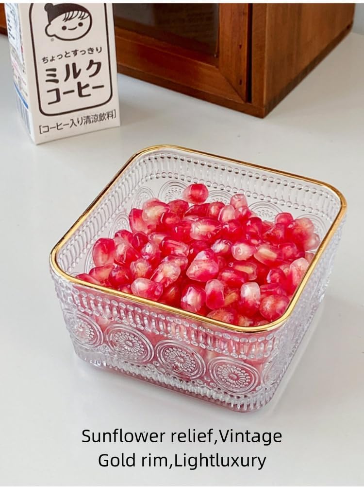9 OZ Small Clear Candy Dish Vintage Candy Bowl Cute Square Sunflower Glass Bowl for Dessert,Snack,Fruit,Icecream,Yogurt,Dipping,Mini Serving Bowl,set of 2