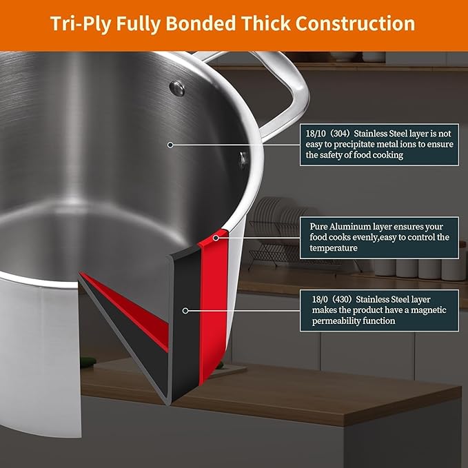 DELARLO Tri-ply Stainless Steel 20QT Stock Pot, Compatible with All Stoves Up to 600℉, 18/10 Induction Big Cooking Pot with Lid, Fast & Even Heating, Durable Large Soup Pot