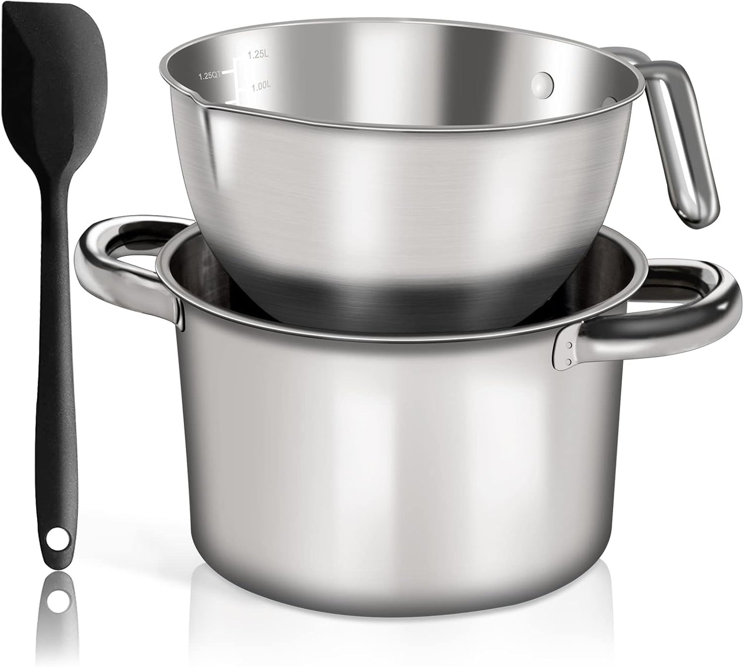 Marsheepy Double Boiler Pot Set, 2500ML（2.3QT） Mixing Bowl for Chocolate Melting, 4000ML（3.63QT） Stainless Steel Pot With Silicone Spatula for Melting Chocolate, Candy, Candle, Soap, Wax
