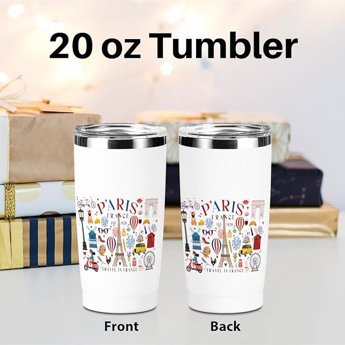 Paris Travel Gifts for Women Tumbler, 20 oz Stainless Steel Coffee Mug，Insulated Cup with Lid for Car, Travel Essentials Gifts for Women Men Traveler France Paris Lover Friendship Birthday Christmas